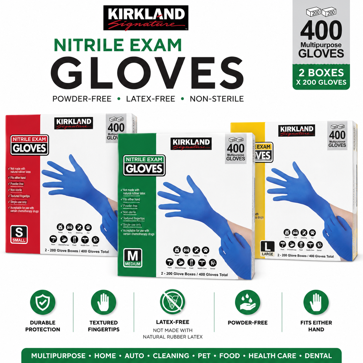 Kirkland Signature Nitrile Exam Gloves, 400 Count (2 x 200), Powder-Free, Latex-Free, Disposable Multipurpose Gloves, Non-Sterile, Textured Fingertips, Small/Medium/Large