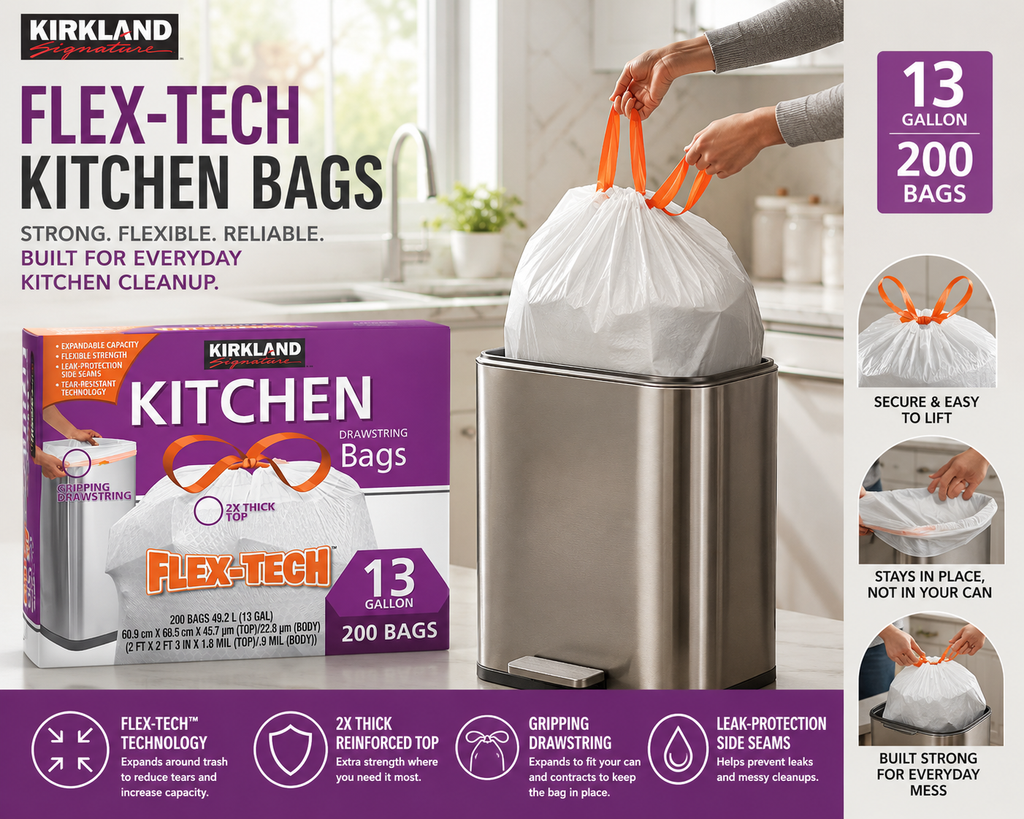 Kirkland Signature Flex-Tech Drawstring Trash Bags | Kitchen & Outdoor Garbage Bags | Multiple Sizes & Scents