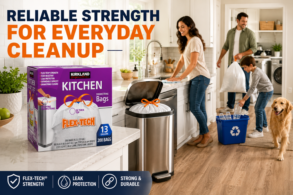Kirkland Signature Flex-Tech Drawstring Trash Bags | Kitchen & Outdoor Garbage Bags | Multiple Sizes & Scents
