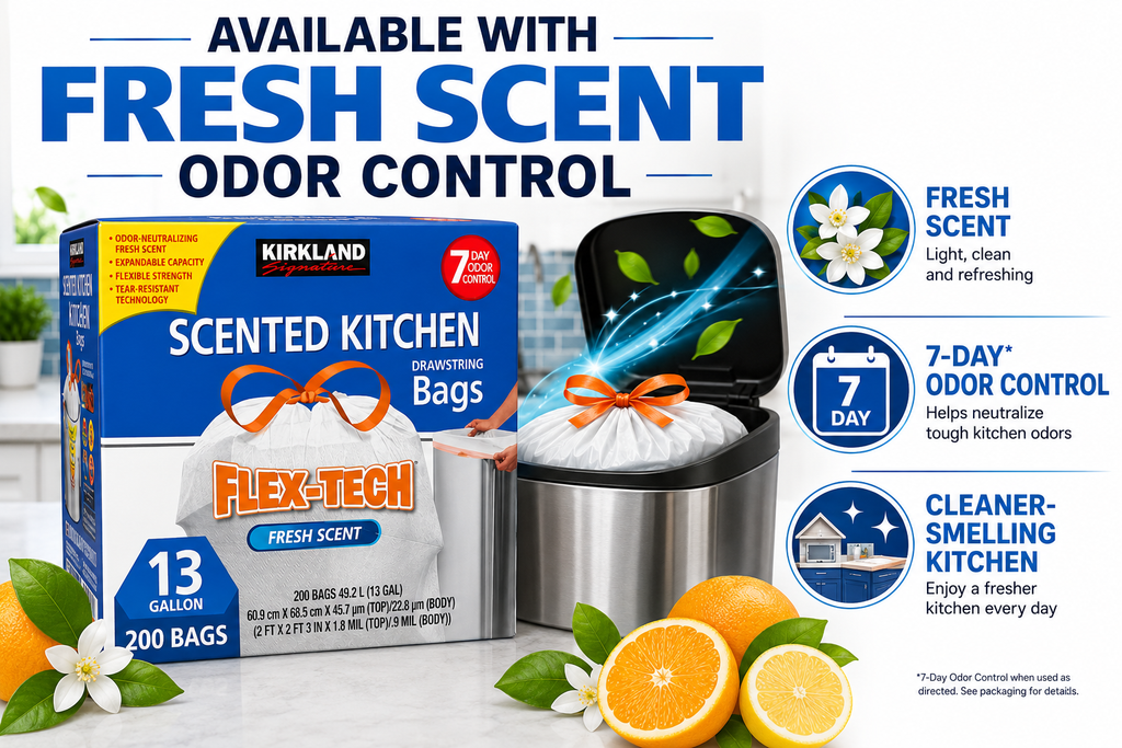 Kirkland Signature Flex-Tech Drawstring Trash Bags | Kitchen & Outdoor Garbage Bags | Multiple Sizes & Scents