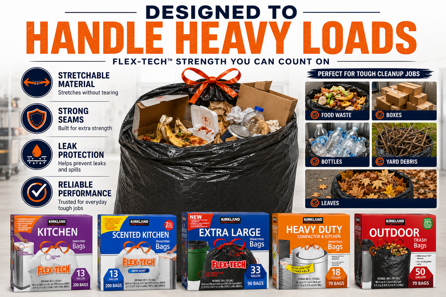 Kirkland Signature Flex-Tech Drawstring Trash Bags | Kitchen & Outdoor Garbage Bags | Multiple Sizes & Scents