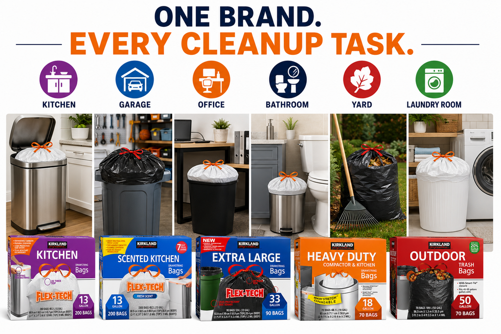 Kirkland Signature Flex-Tech Drawstring Trash Bags | Kitchen & Outdoor Garbage Bags | Multiple Sizes & Scents