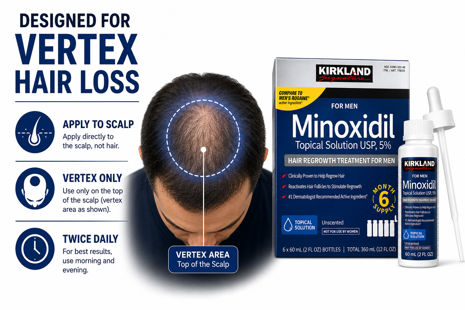 Kirkland Signature Minoxidil 5% Hair Regrowth Treatment for Men, 6-Month Supply, Unscented Foam or Topical Solution