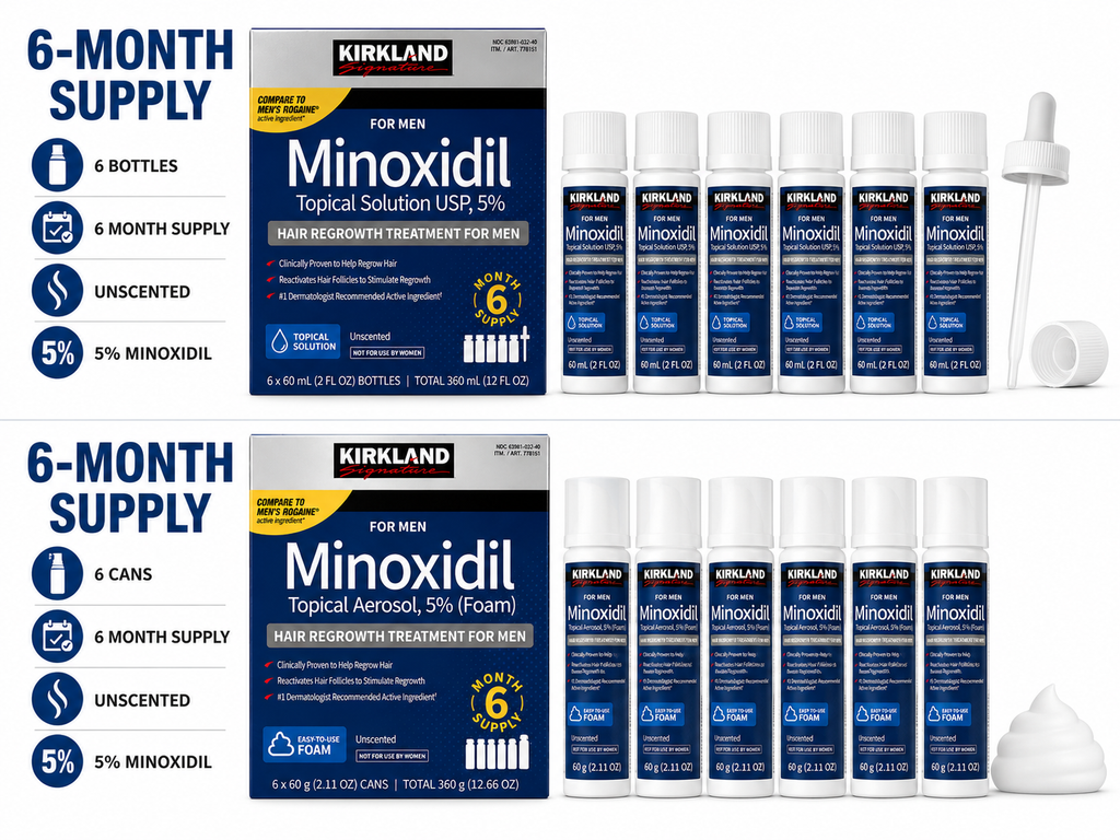 Kirkland Signature Minoxidil 5% Hair Regrowth Treatment for Men, 6-Month Supply, Unscented Foam or Topical Solution