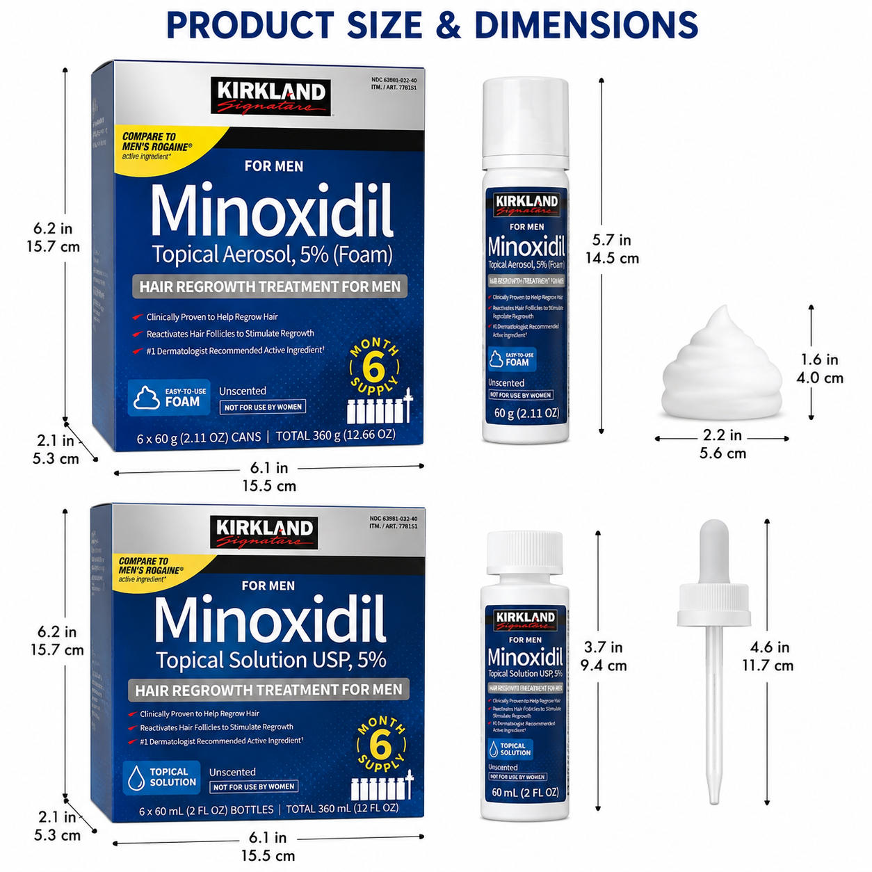 Kirkland Signature Minoxidil 5% Hair Regrowth Treatment for Men, 6-Month Supply, Unscented Foam or Topical Solution