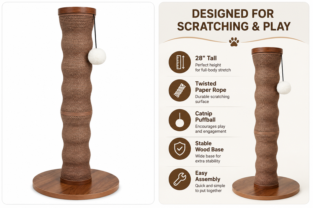 Friends Forever Wave Cat Scratcher Post with Catnip Puffball Toy, 28-Inch Tall, Twisted Paper Rope Scratching Post, Engineered Wood Base, Modern Cat Scratcher for Indoor Cats