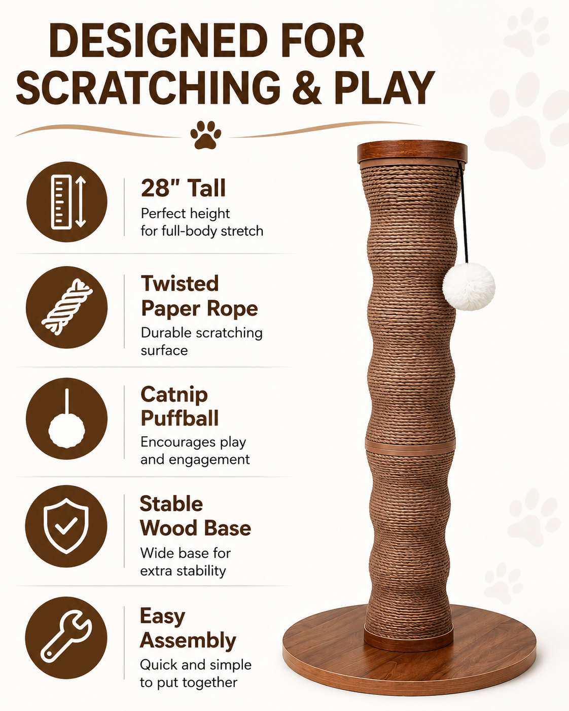 Friends Forever Wave Cat Scratcher Post with Catnip Puffball Toy, 28-Inch Tall, Twisted Paper Rope Scratching Post, Engineered Wood Base, Modern Cat Scratcher for Indoor Cats