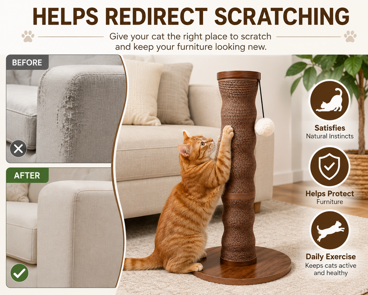 Friends Forever Wave Cat Scratcher Post with Catnip Puffball Toy, 28-Inch Tall, Twisted Paper Rope Scratching Post, Engineered Wood Base, Modern Cat Scratcher for Indoor Cats