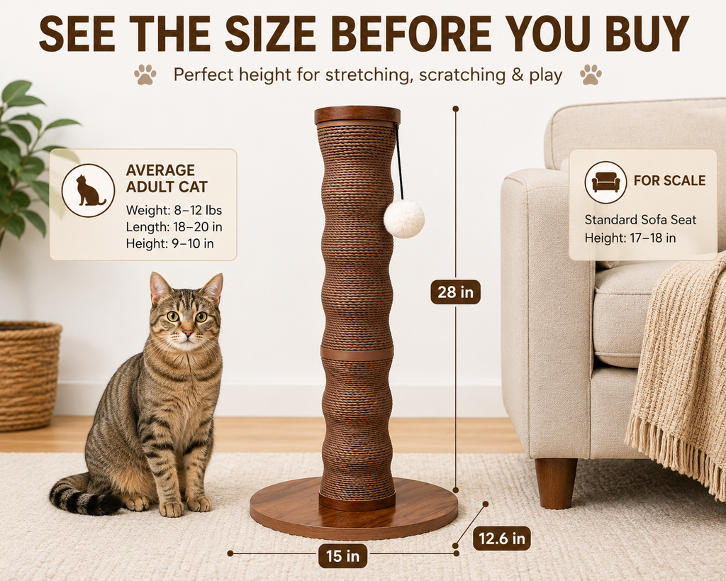 Friends Forever Wave Cat Scratcher Post with Catnip Puffball Toy, 28-Inch Tall, Twisted Paper Rope Scratching Post, Engineered Wood Base, Modern Cat Scratcher for Indoor Cats