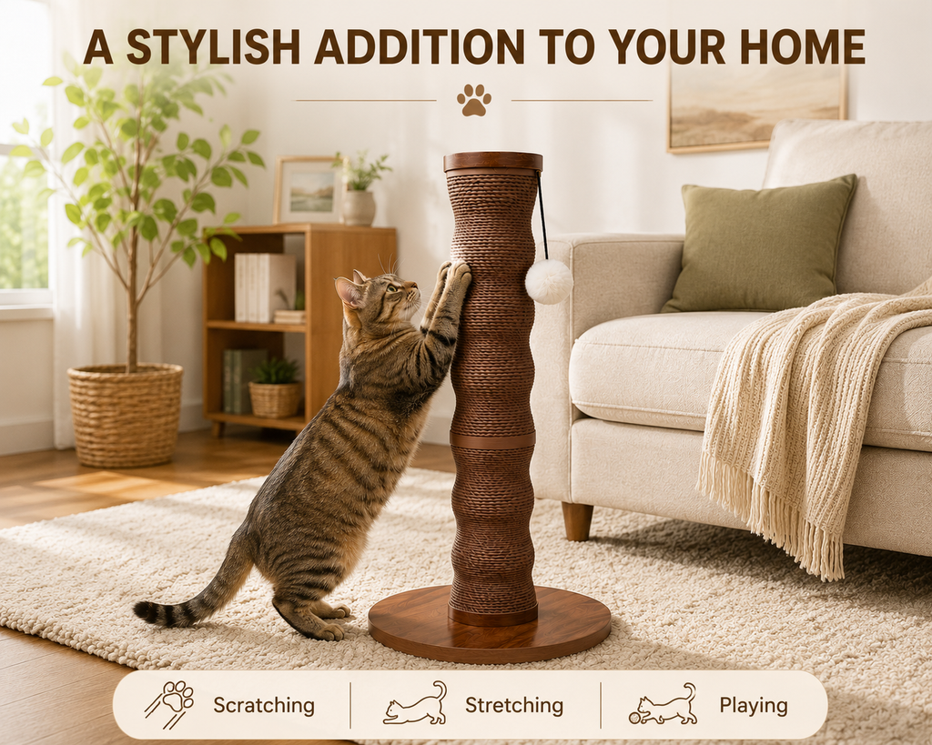 Friends Forever Wave Cat Scratcher Post with Catnip Puffball Toy, 28-Inch Tall, Twisted Paper Rope Scratching Post, Engineered Wood Base, Modern Cat Scratcher for Indoor Cats