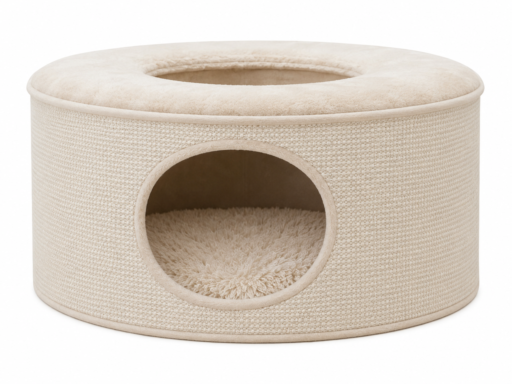 South Paw Multifunctional Cat Bed with Scratching Surface & Tunnel, Round Cat Condo with Removable Washable Cushion, Soft Plush Cat House, 22" Diameter x 12" Tall, Indoor Cats