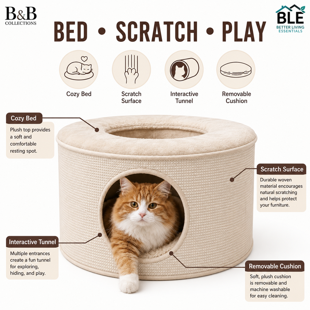 South Paw Multifunctional Cat Bed with Scratching Surface & Tunnel, Round Cat Condo with Removable Washable Cushion, Soft Plush Cat House, 22" Diameter x 12" Tall, Indoor Cats