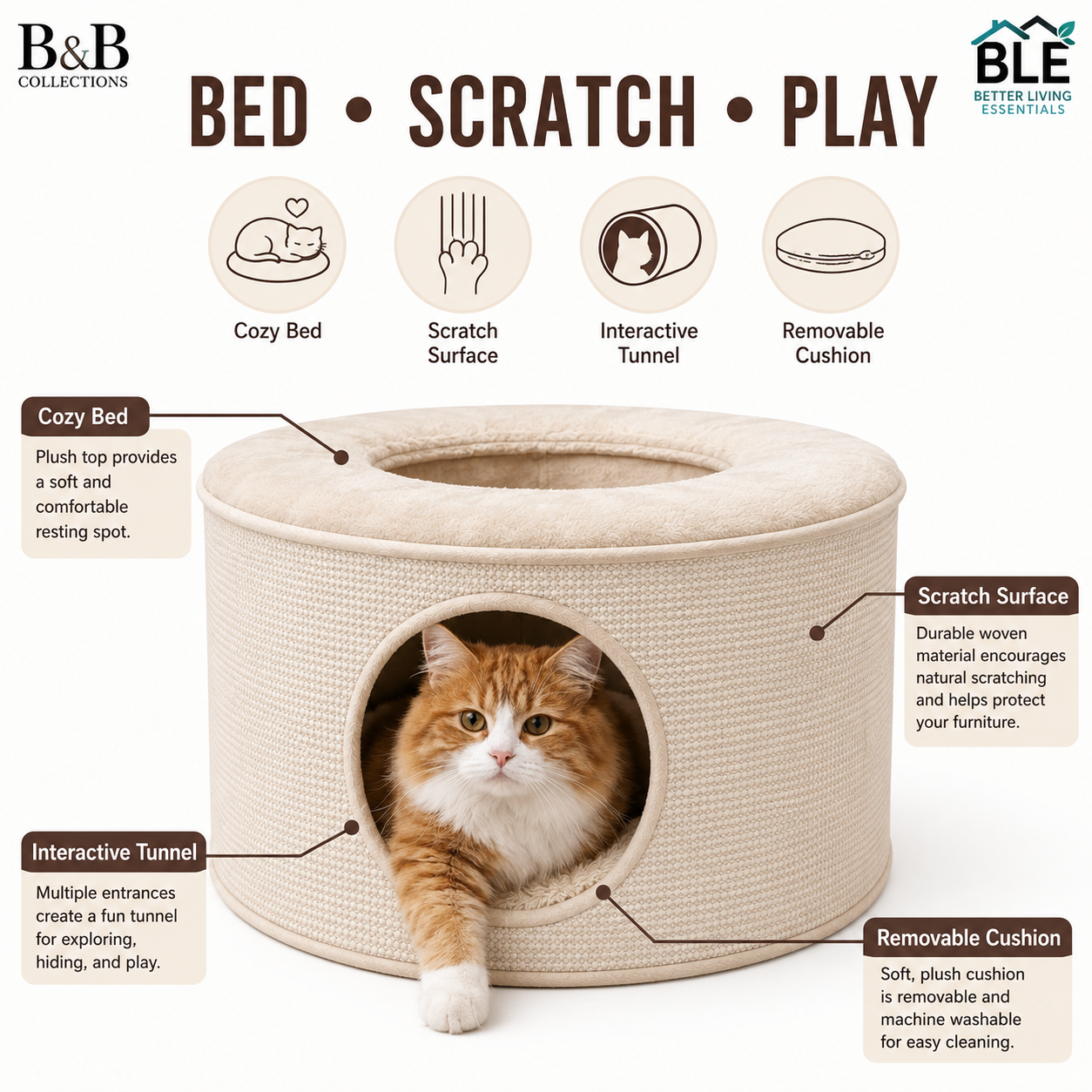 South Paw Multifunctional Cat Bed with Scratching Surface & Tunnel, Round Cat Condo with Removable Washable Cushion, Soft Plush Cat House, 22" Diameter x 12" Tall, Indoor Cats