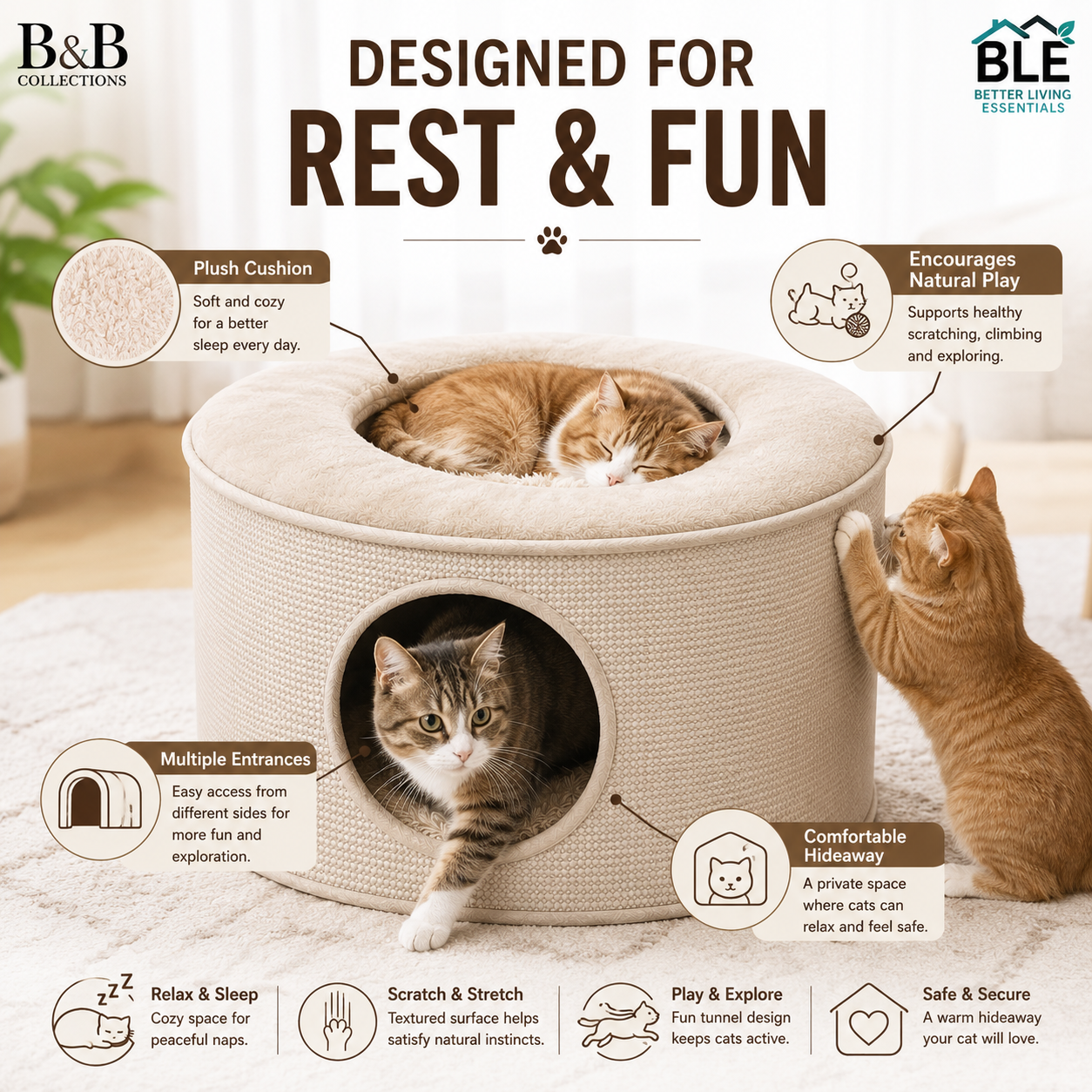 South Paw Multifunctional Cat Bed with Scratching Surface & Tunnel, Round Cat Condo with Removable Washable Cushion, Soft Plush Cat House, 22" Diameter x 12" Tall, Indoor Cats