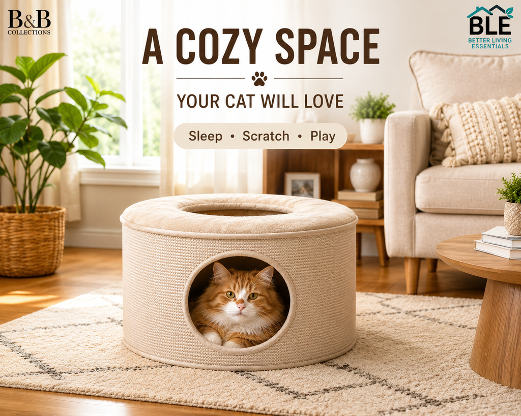 South Paw Multifunctional Cat Bed with Scratching Surface & Tunnel, Round Cat Condo with Removable Washable Cushion, Soft Plush Cat House, 22" Diameter x 12" Tall, Indoor Cats