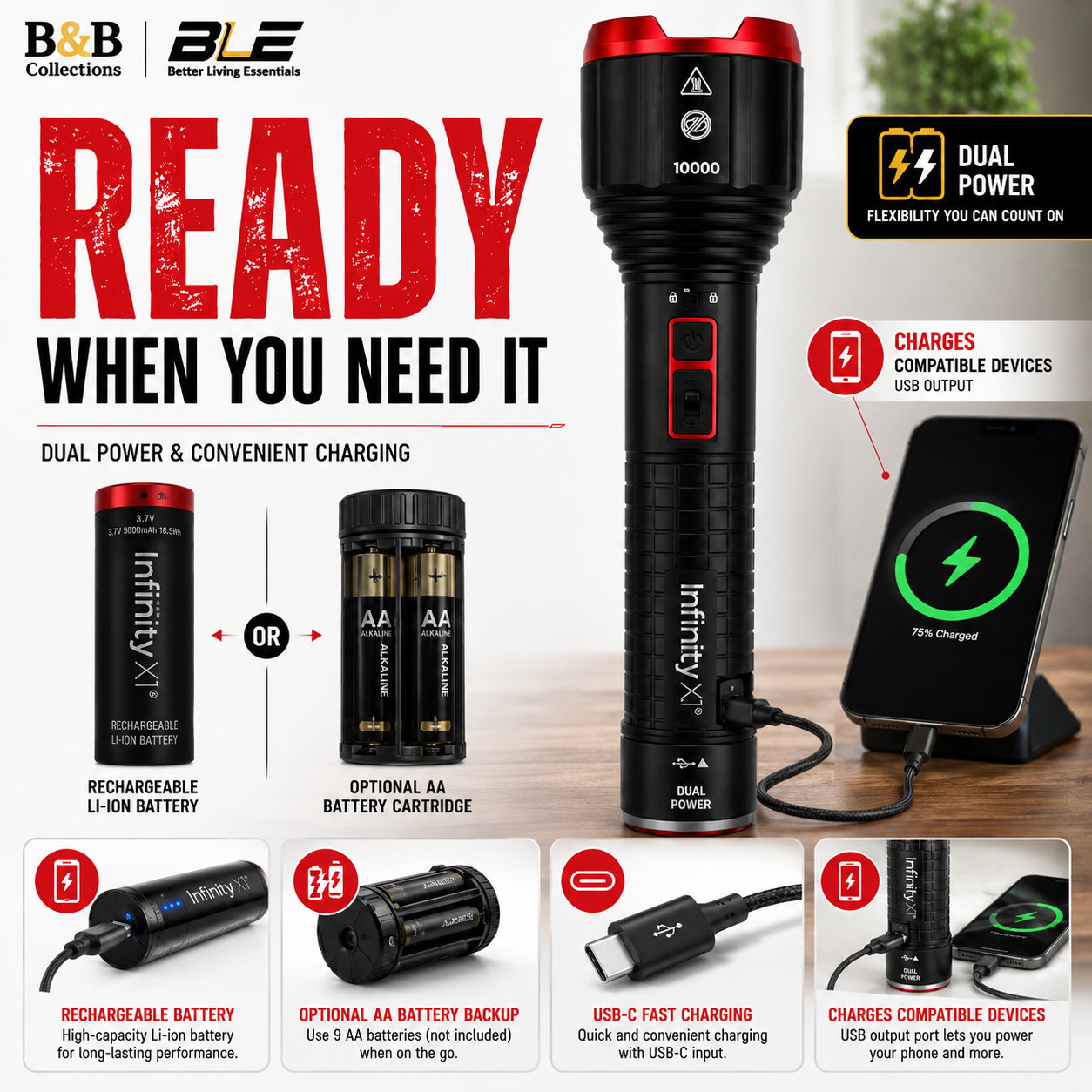 Infinity X1 Dual Power Rechargeable LED Flashlight, 10,000 Lumens, 1/2 Mile (800m) Beam Distance, USB-C Rechargeable, Flood & Spot Beam, Power Bank, Thermal Heat Sensing, IPX4