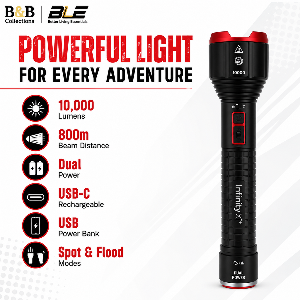 Infinity X1 Dual Power Rechargeable LED Flashlight, 10,000 Lumens, 1/2 Mile (800m) Beam Distance, USB-C Rechargeable, Flood & Spot Beam, Power Bank, Thermal Heat Sensing, IPX4