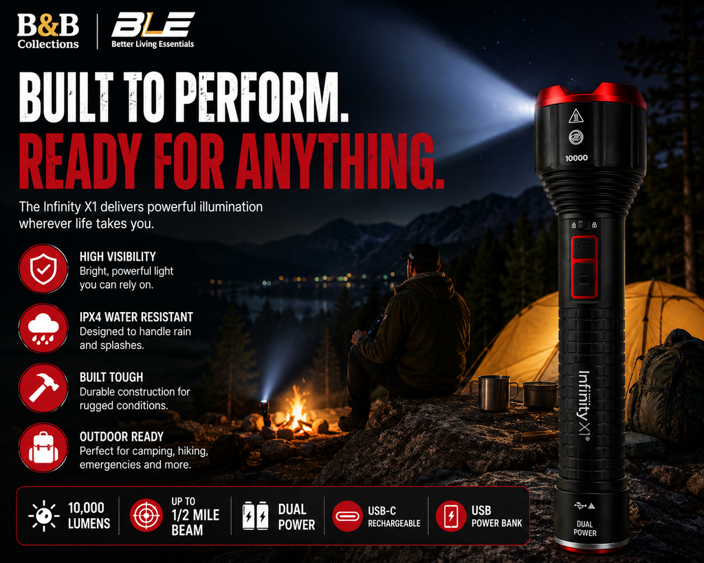 Infinity X1 Dual Power Rechargeable LED Flashlight, 10,000 Lumens, 1/2 Mile (800m) Beam Distance, USB-C Rechargeable, Flood & Spot Beam, Power Bank, Thermal Heat Sensing, IPX4