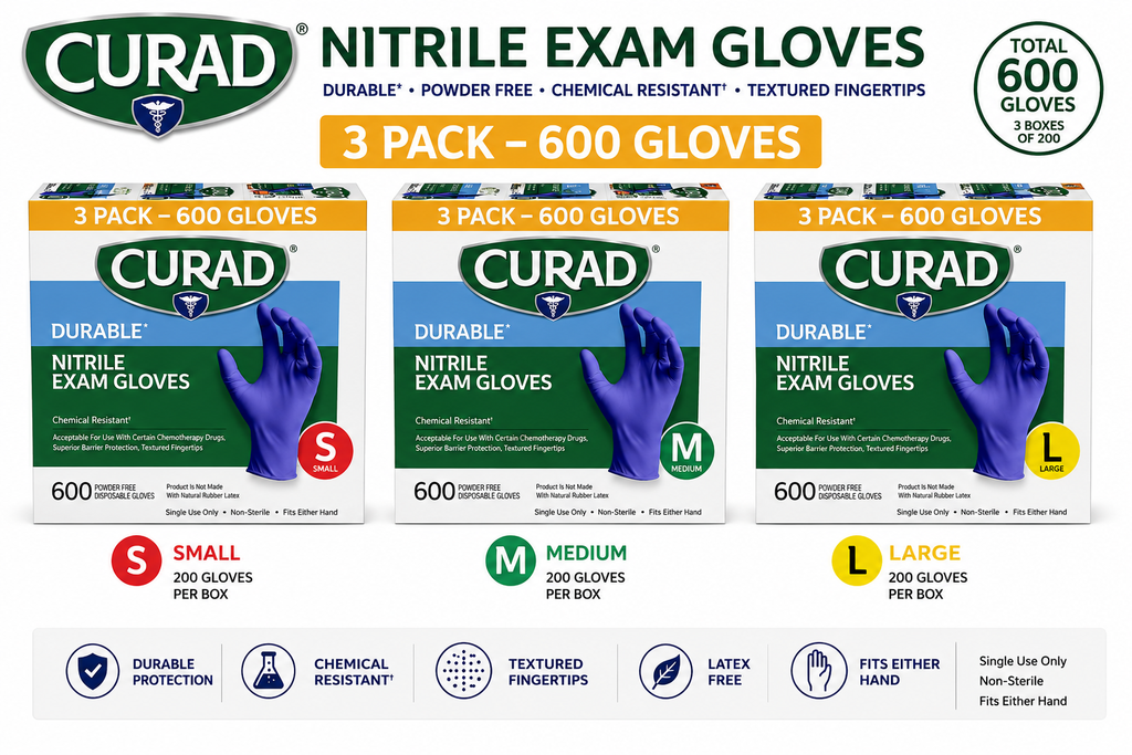 CURAD Durable Nitrile Exam Gloves, Powder-Free, Chemical Resistant, Textured Fingertips, Disposable Medical Gloves, 3 Pack (600 Gloves), Small / Medium / Large