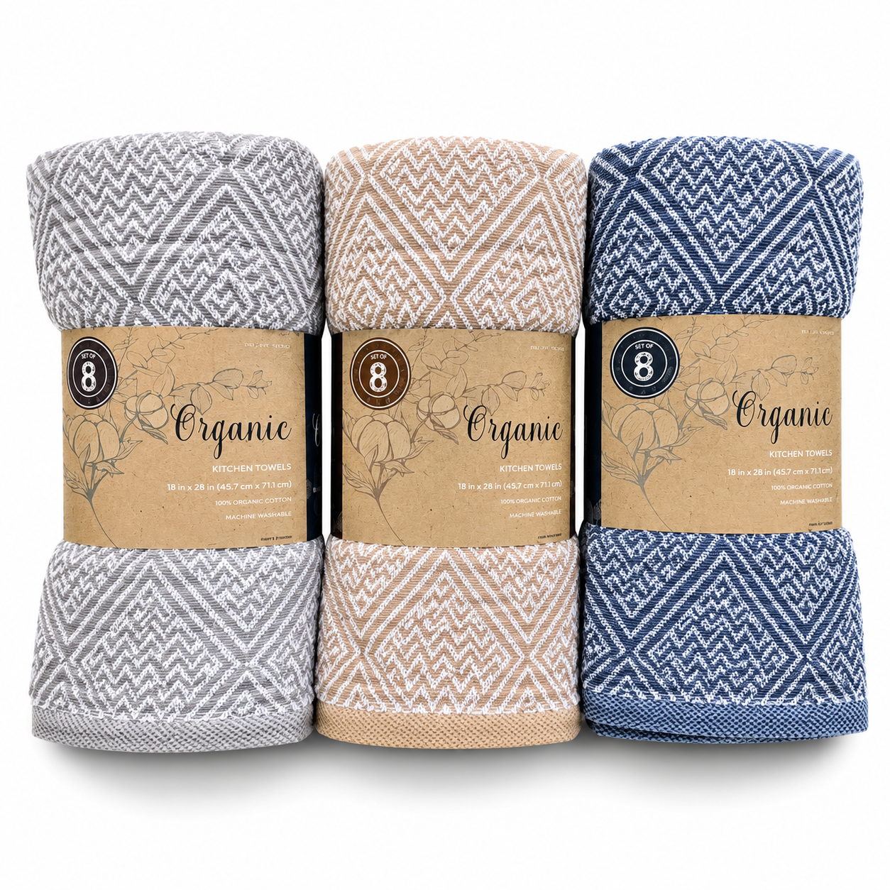 Organic Kitchen Towels, 8-Pack, 18 x 28 in, 100% Organic Cotton, Machine Washable, Highly Absorbent Dish Towels, Assorted Colors