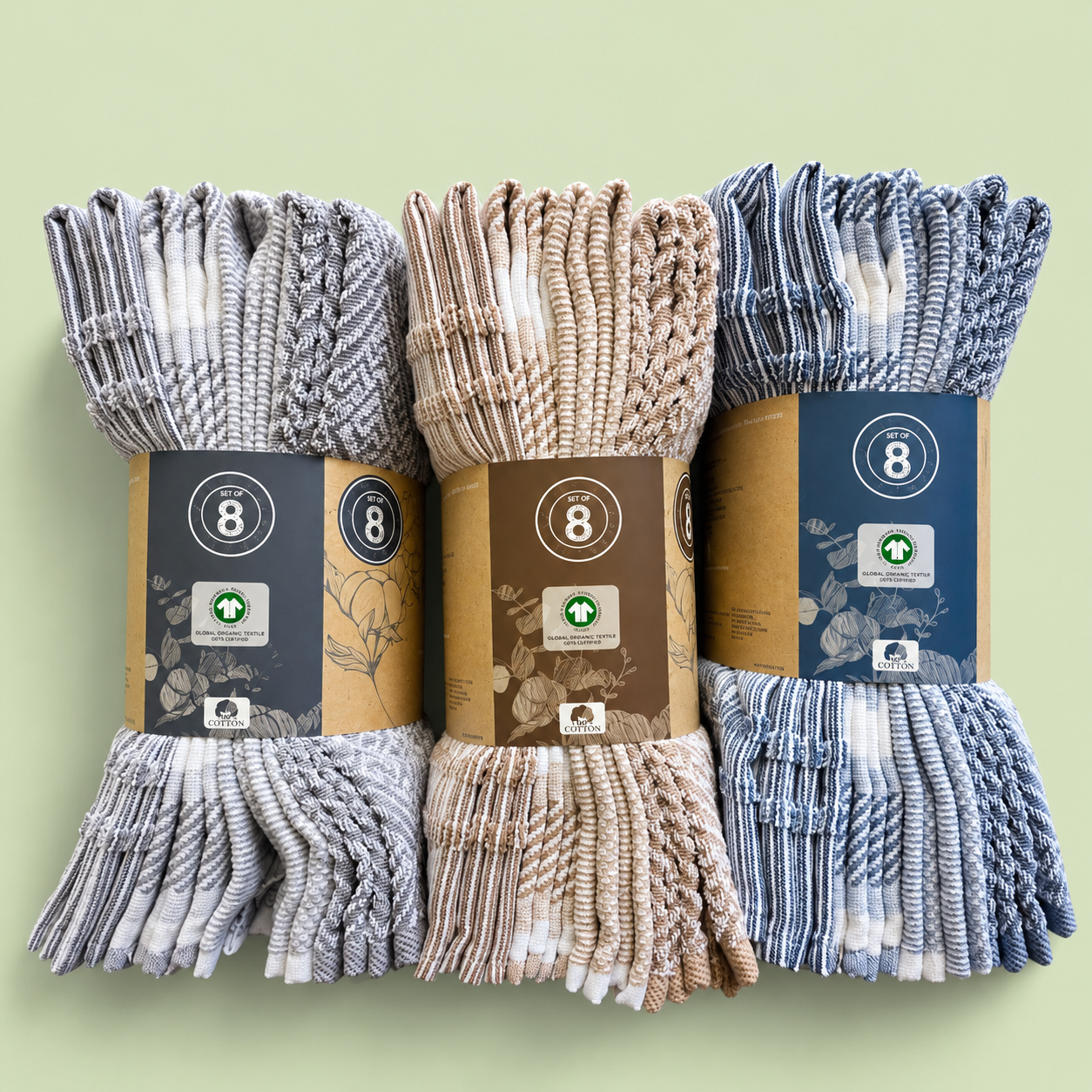 Organic Kitchen Towels, 8-Pack, 18 x 28 in, 100% Organic Cotton, Machine Washable, Highly Absorbent Dish Towels, Assorted Colors