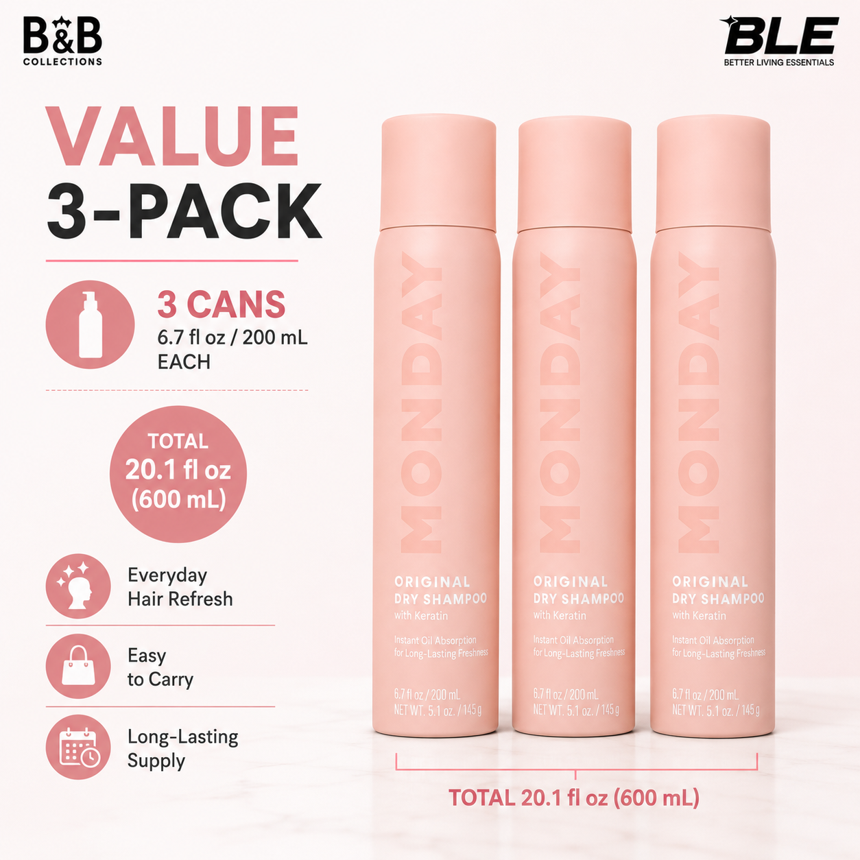 MONDAY Haircare Original Dry Shampoo with Keratin, Instant Oil Absorption, Long-Lasting Freshness, Gardenia Scent, 3 Pack, 6.7 fl oz Each (20.1 fl oz Total)