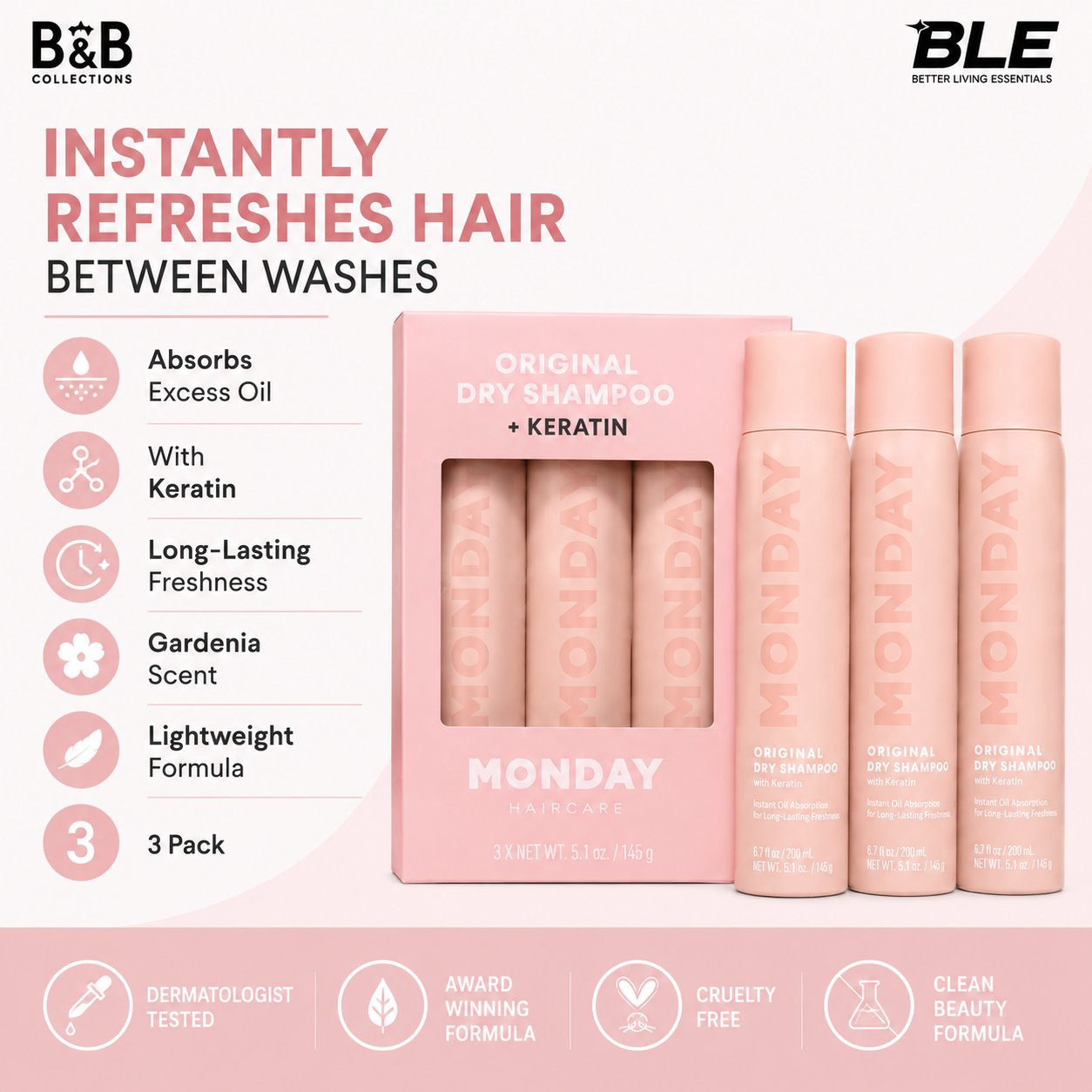 MONDAY Haircare Original Dry Shampoo with Keratin, Instant Oil Absorption, Long-Lasting Freshness, Gardenia Scent, 3 Pack, 6.7 fl oz Each (20.1 fl oz Total)