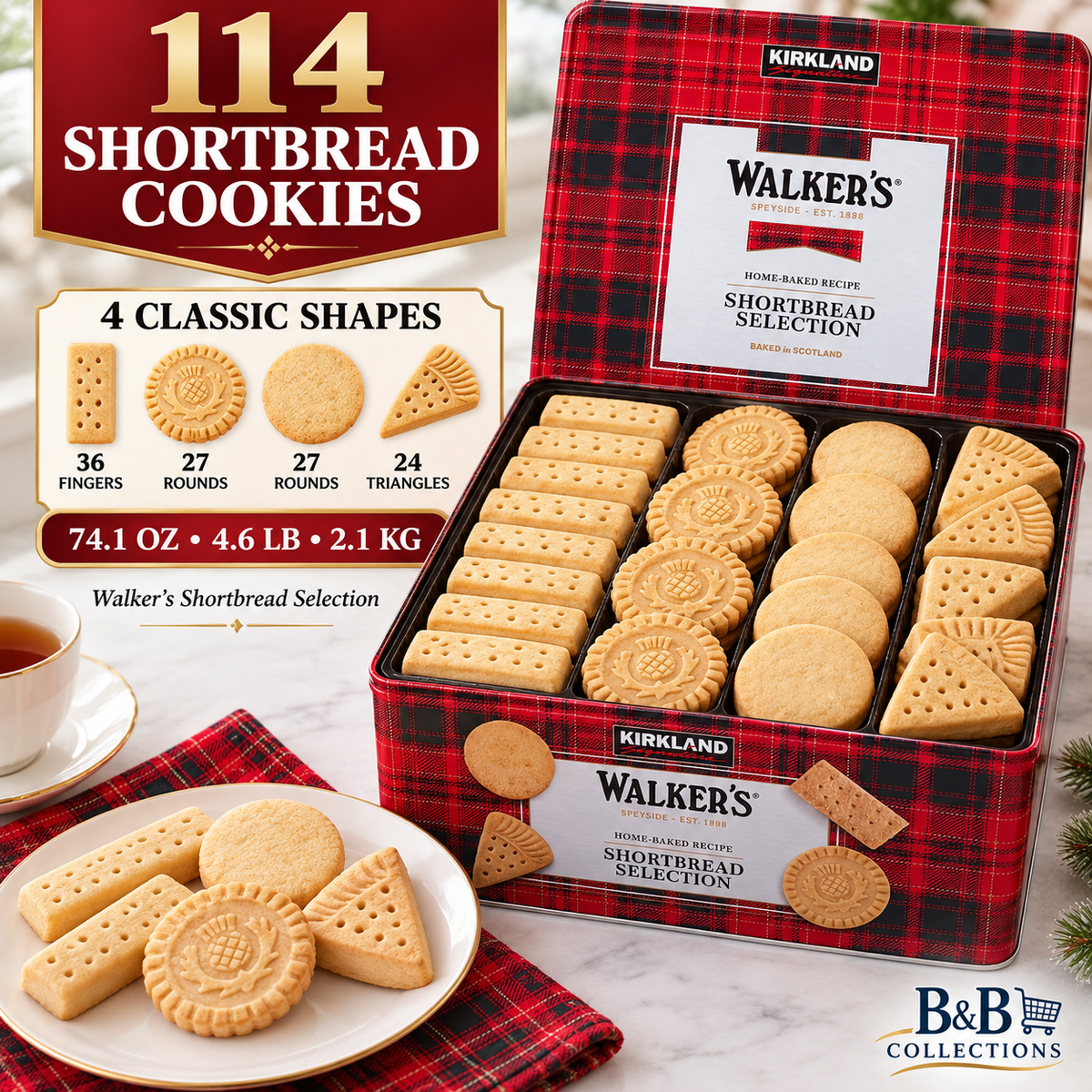 Kirkland Signature Walker’s Shortbread Selection, Scottish Butter Cookies Variety Tin, 114 Pieces, 74.1 oz (4.6 lb)