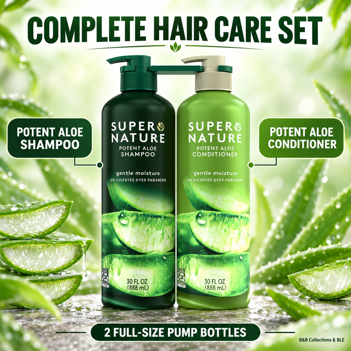 Super Nature Potent Aloe Shampoo and Conditioner Set, Gentle Moisture, 30 fl oz Each, 2 Count