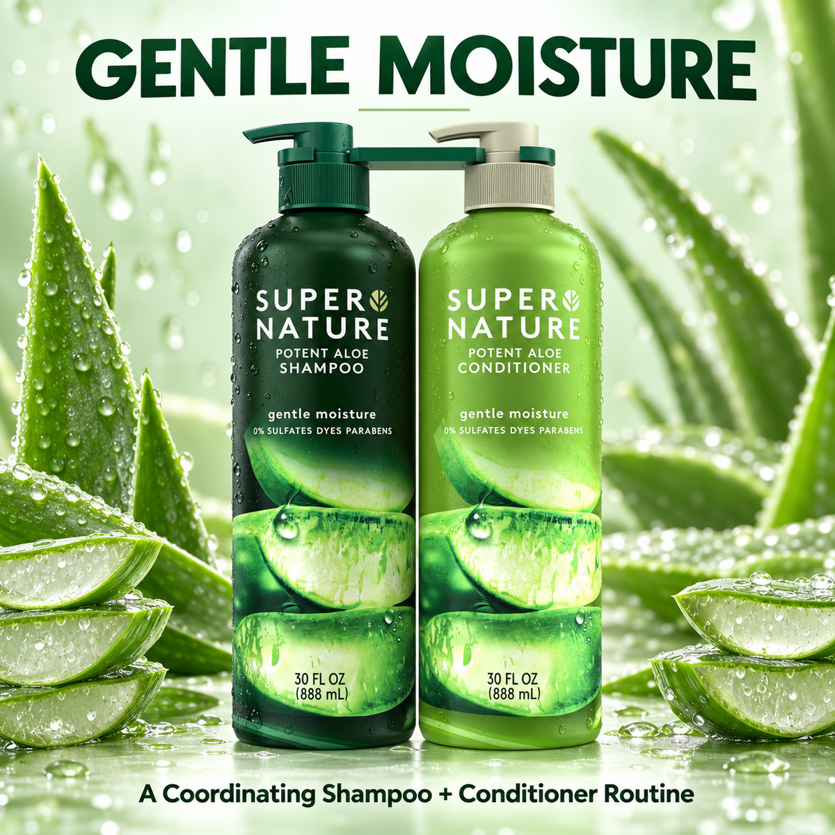Super Nature Potent Aloe Shampoo and Conditioner Set, Gentle Moisture, 30 fl oz Each, 2 Count