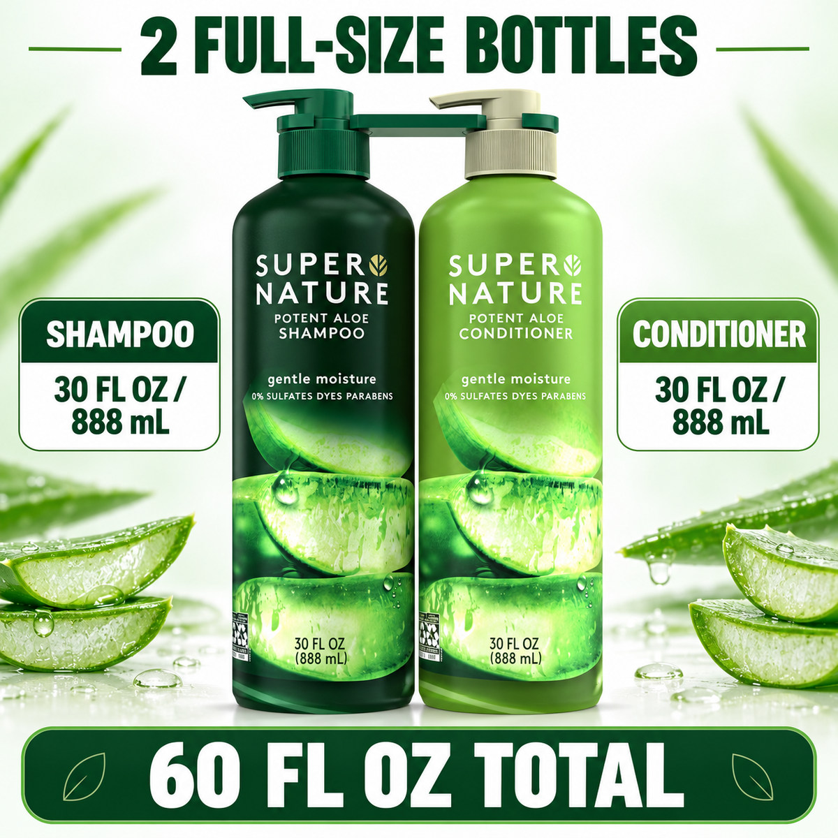 Super Nature Potent Aloe Shampoo and Conditioner Set, Gentle Moisture, 30 fl oz Each, 2 Count