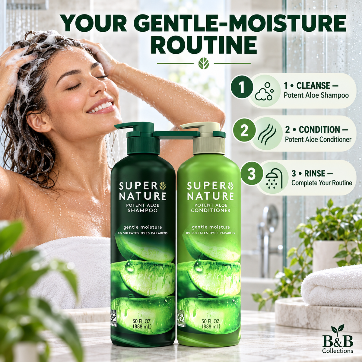 Super Nature Potent Aloe Shampoo and Conditioner Set, Gentle Moisture, 30 fl oz Each, 2 Count