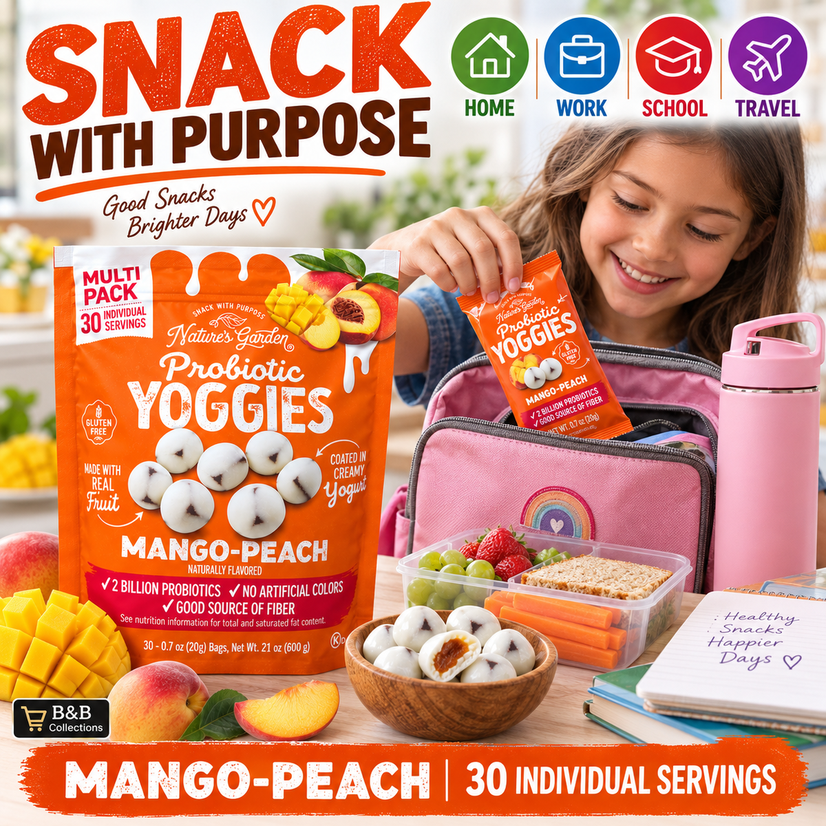 Nature’s Garden Probiotic Yoggies Mango-Peach, Creamy Yogurt Coated Fruit Bites, 30 Count, 21 oz