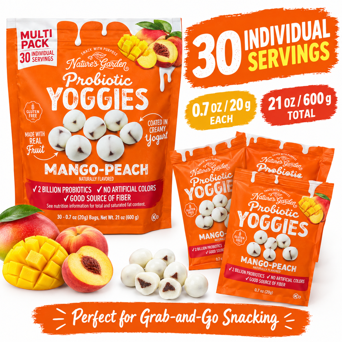 Nature’s Garden Probiotic Yoggies Mango-Peach, Creamy Yogurt Coated Fruit Bites, 30 Count, 21 oz