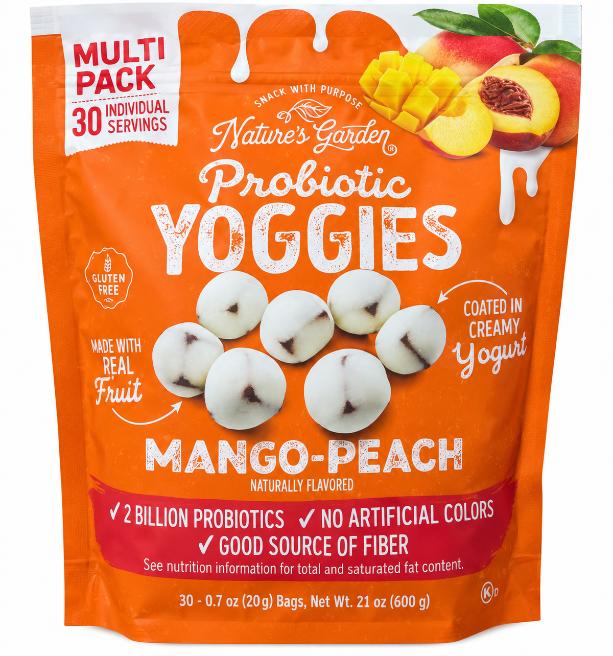 Nature’s Garden Probiotic Yoggies Mango-Peach, Creamy Yogurt Coated Fruit Bites, 30 Count, 21 oz