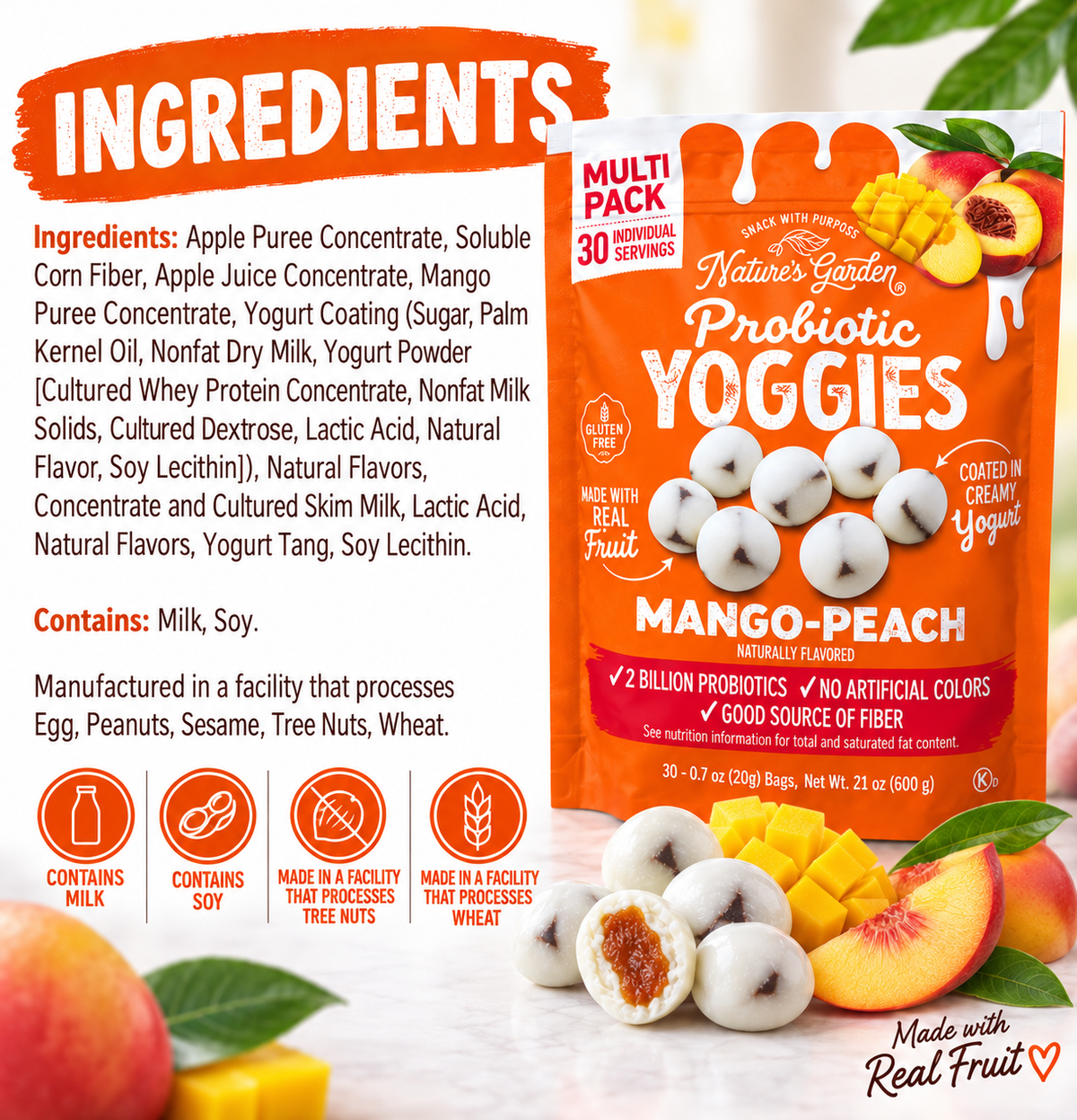 Nature’s Garden Probiotic Yoggies Mango-Peach, Creamy Yogurt Coated Fruit Bites, 30 Count, 21 oz