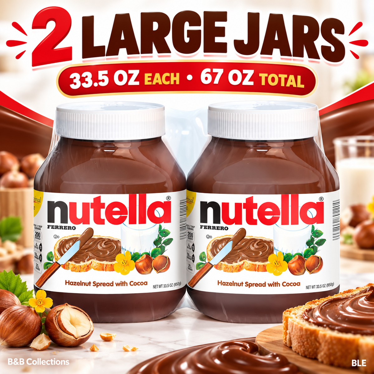 Nutella Hazelnut Spread with Cocoa, 33.5 oz Jars, 2 Count, 67 oz Total