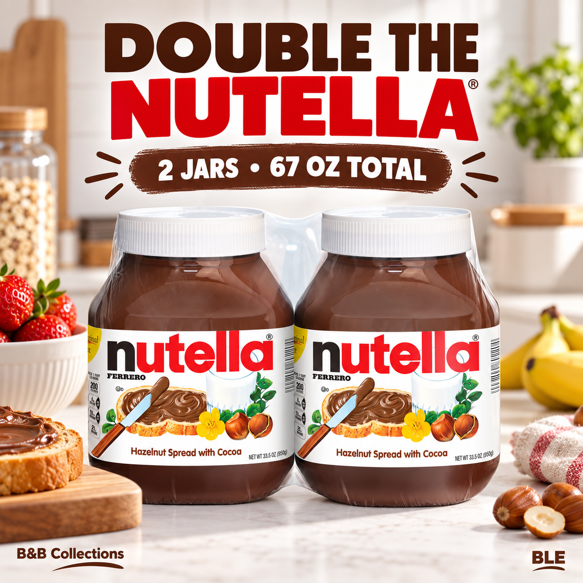 Nutella Hazelnut Spread with Cocoa, 33.5 oz Jars, 2 Count, 67 oz Total