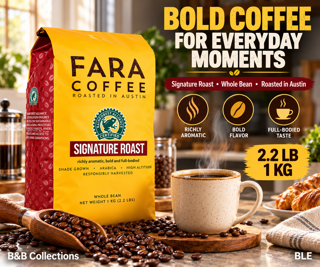 Fara Coffee Signature Roast Whole Bean Coffee, Rainforest Alliance Certified, Shade Grown Arabica, 2.2 lb (1 kg) Bag