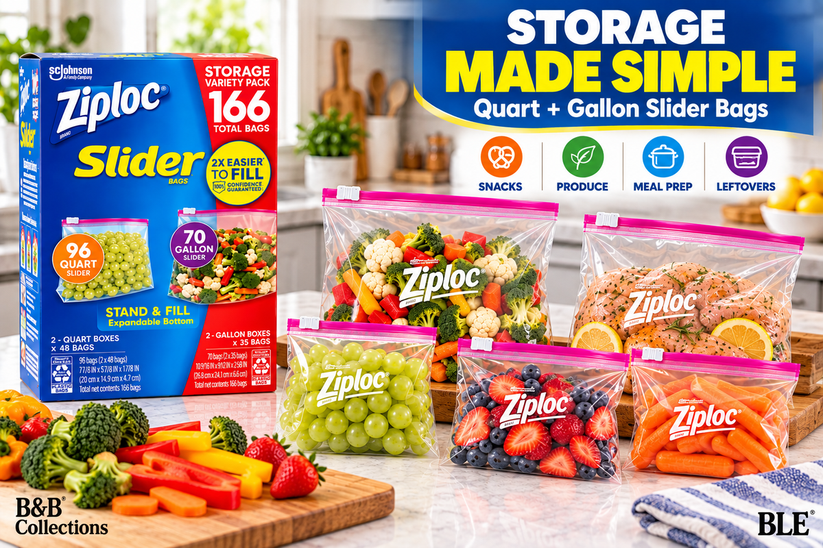 Ziploc Slider Storage Bags Variety Pack, Quart & Gallon, Expandable Bottom, 166 Count
