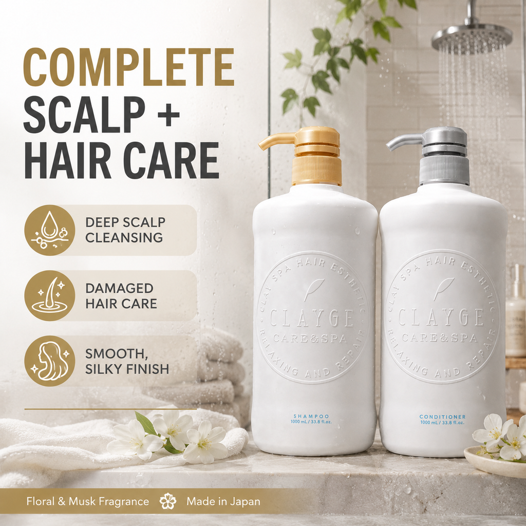 CLAYGE Smooth Shampoo & Conditioner Set, Clay-Based Scalp Cleansing & Keratin Hair Repair, Floral & Musk, 33.8 fl oz Each, 2-Piece Set, Made in Japan