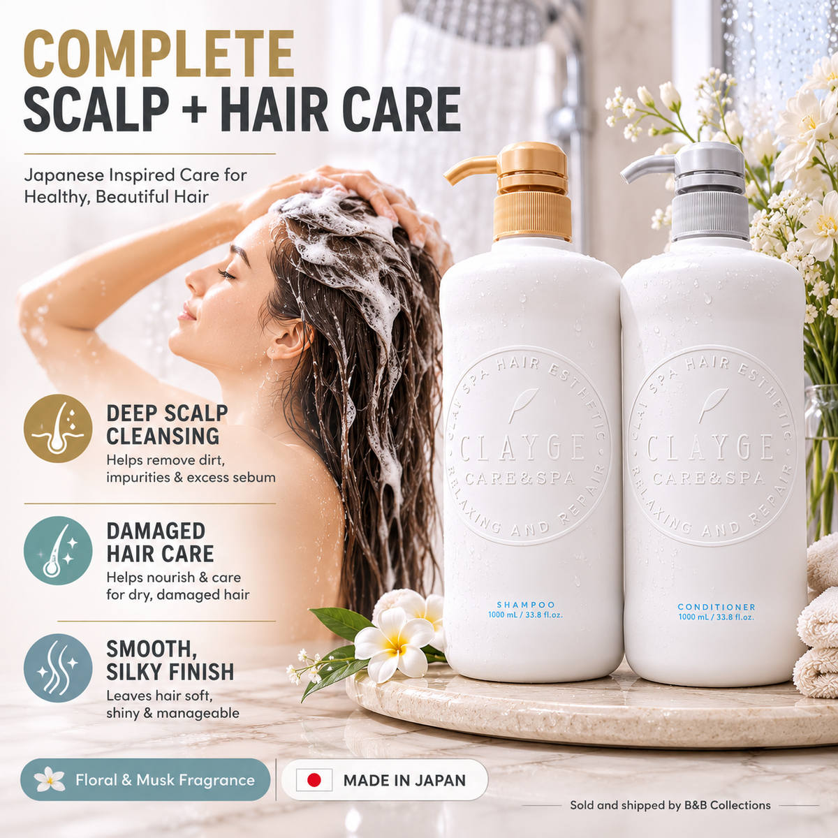 CLAYGE Smooth Shampoo & Conditioner Set, Clay-Based Scalp Cleansing & Keratin Hair Repair, Floral & Musk, 33.8 fl oz Each, 2-Piece Set, Made in Japan