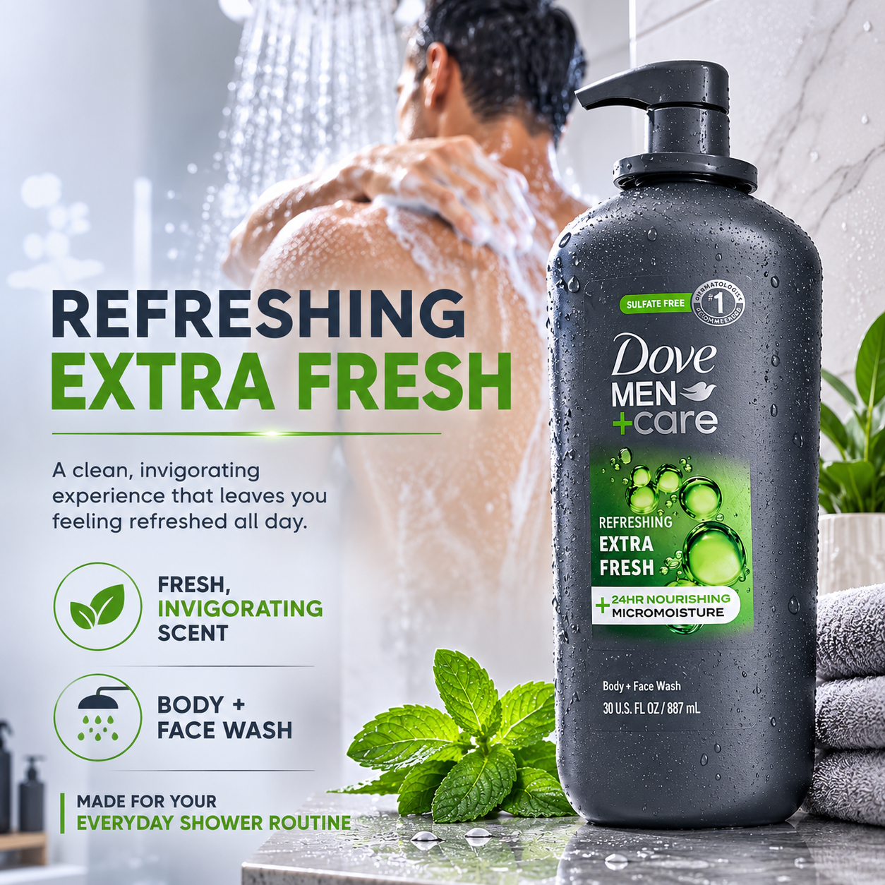 Dove Men+Care Refreshing Extra Fresh Body and Face Wash, Sulfate & Paraben Free, 30 fl oz, 2 Pack