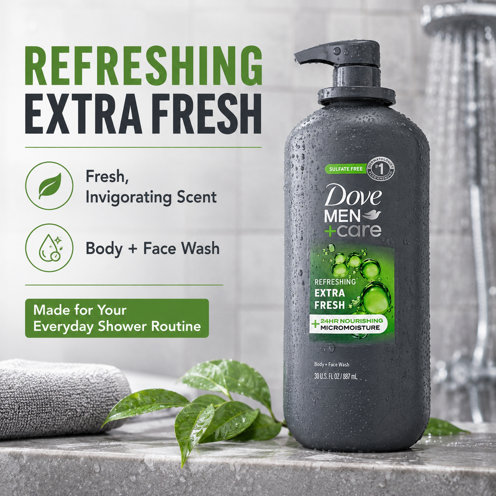 Dove Men+Care Refreshing Extra Fresh Body and Face Wash, Sulfate & Paraben Free, 30 fl oz, 2 Pack