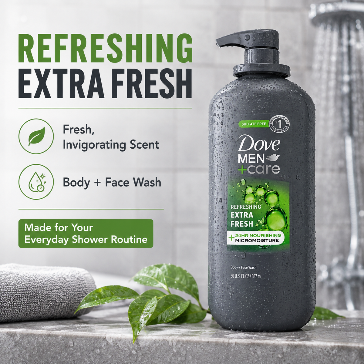 Dove Men+Care Refreshing Extra Fresh Body and Face Wash, Sulfate & Paraben Free, 30 fl oz, 2 Pack