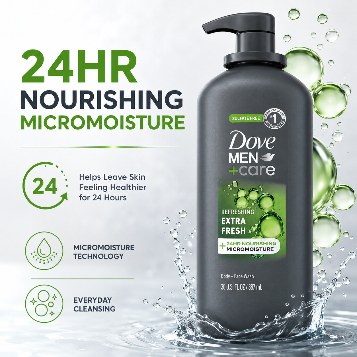 Dove Men+Care Refreshing Extra Fresh Body and Face Wash, Sulfate & Paraben Free, 30 fl oz, 2 Pack