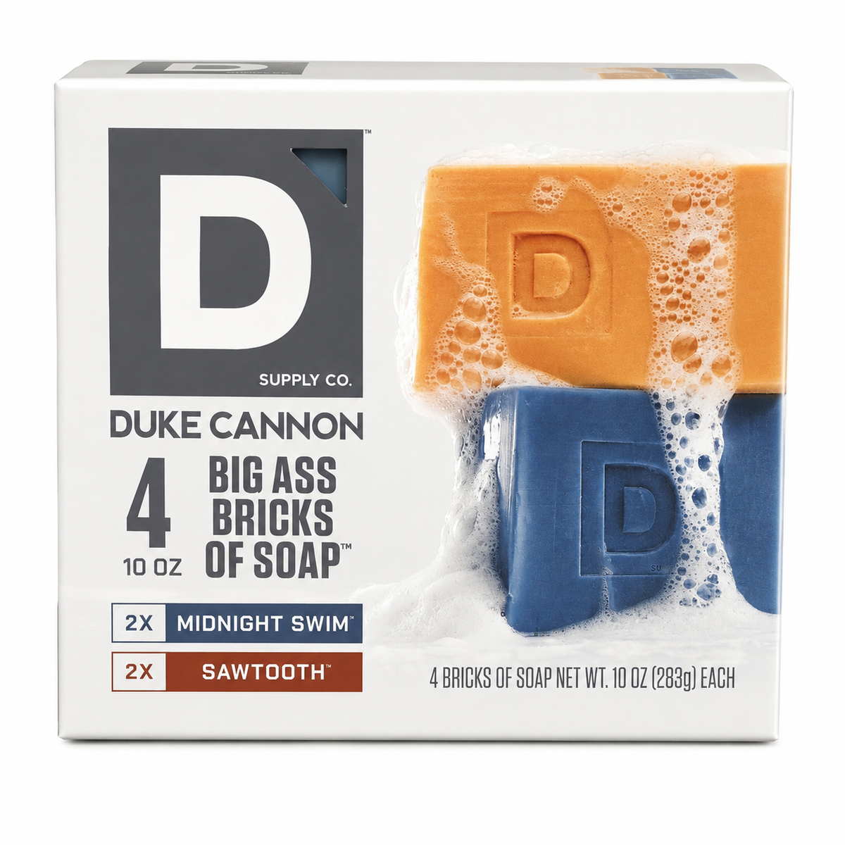 Duke Cannon Big Ass Bricks of Soap Variety Pack, 4 Large Bar Soaps, 10 oz Each (40 oz Total), Midnight Swim & Sawtooth Men's Bar Soap
