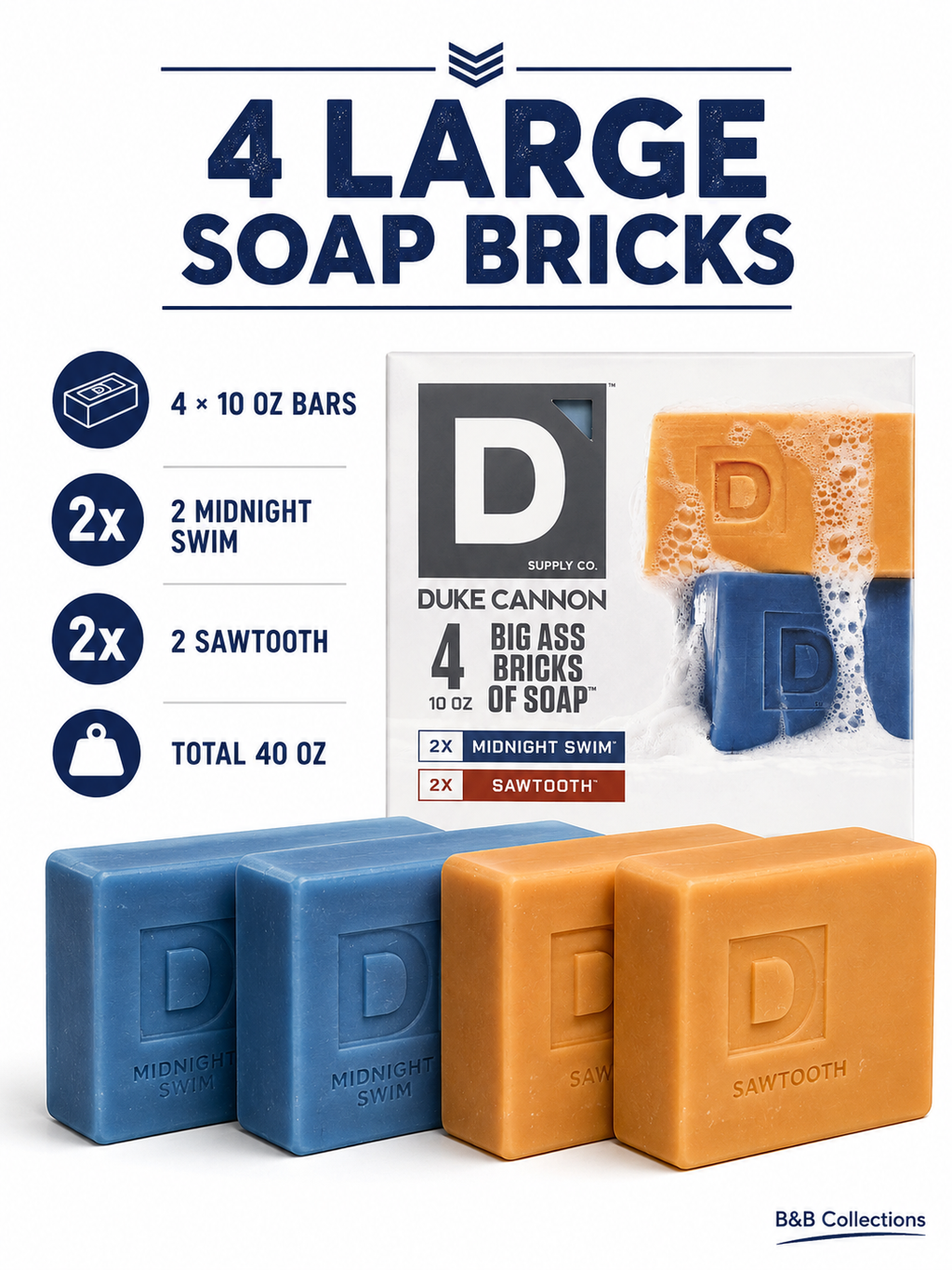 Duke Cannon Big Ass Bricks of Soap Variety Pack, 4 Large Bar Soaps, 10 oz Each (40 oz Total), Midnight Swim & Sawtooth Men's Bar Soap