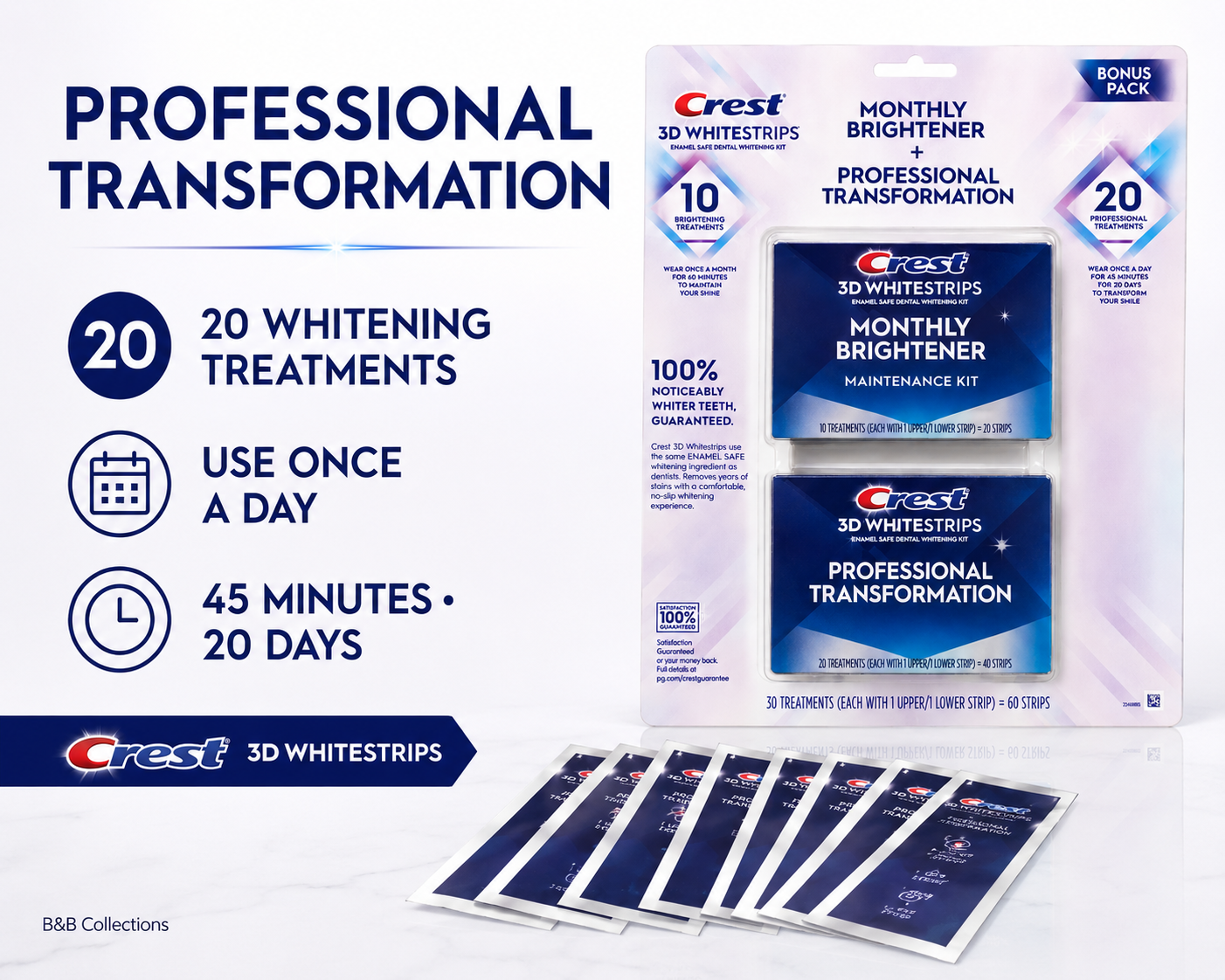 Crest 3D Whitestrips Professional Transformation Teeth Whitening Kit + Monthly Brightener, 30 Treatments, 60 Strips