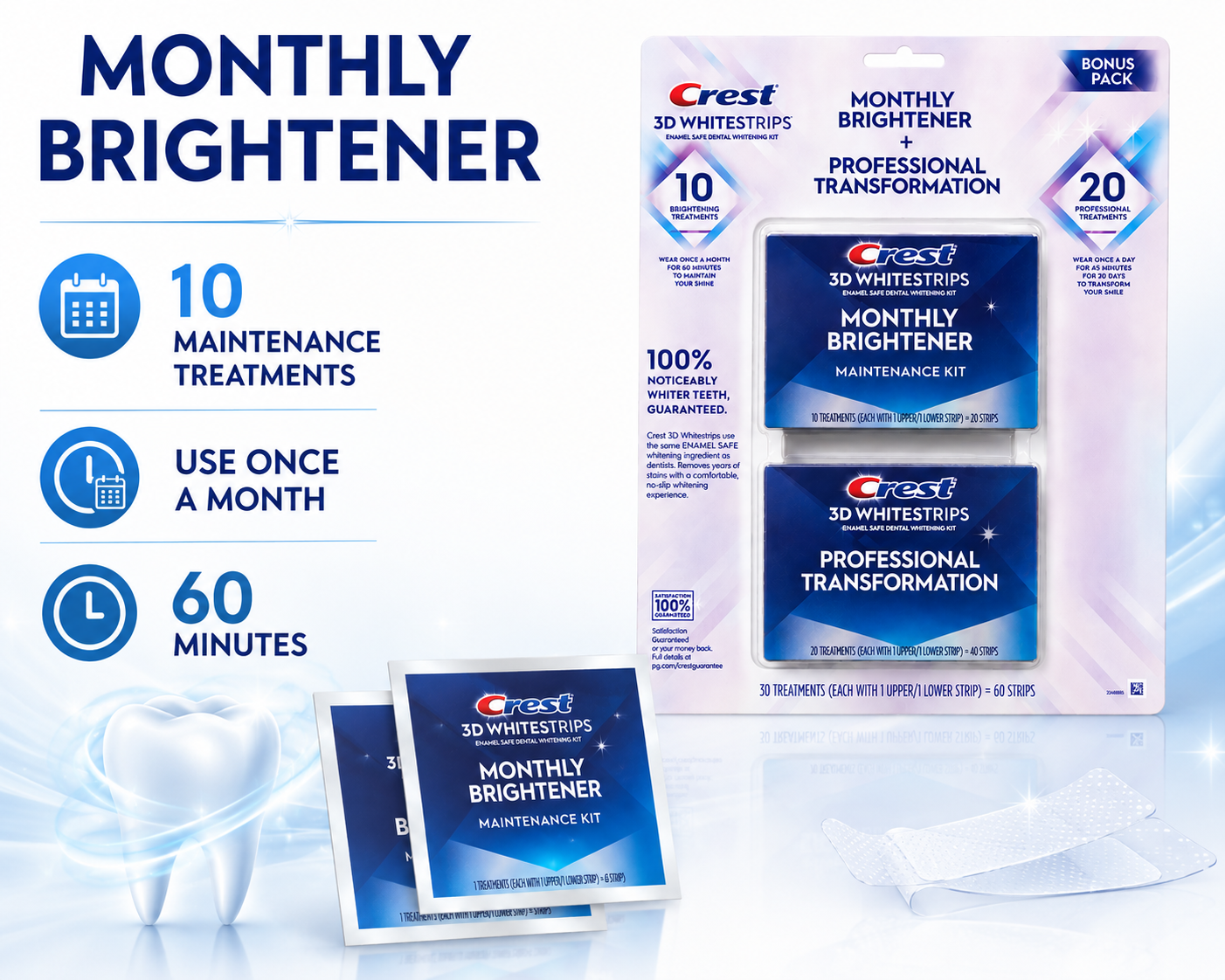 Crest 3D Whitestrips Professional Transformation Teeth Whitening Kit + Monthly Brightener, 30 Treatments, 60 Strips